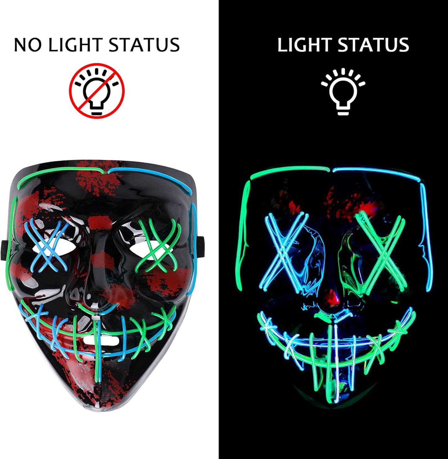 "Glow in the Dark Purge Halloween Mask with LED Lights - Scary Costume Accessory for Adults, Teens, and Kids – 3 Lighting Modes for Ultimate Fright!"