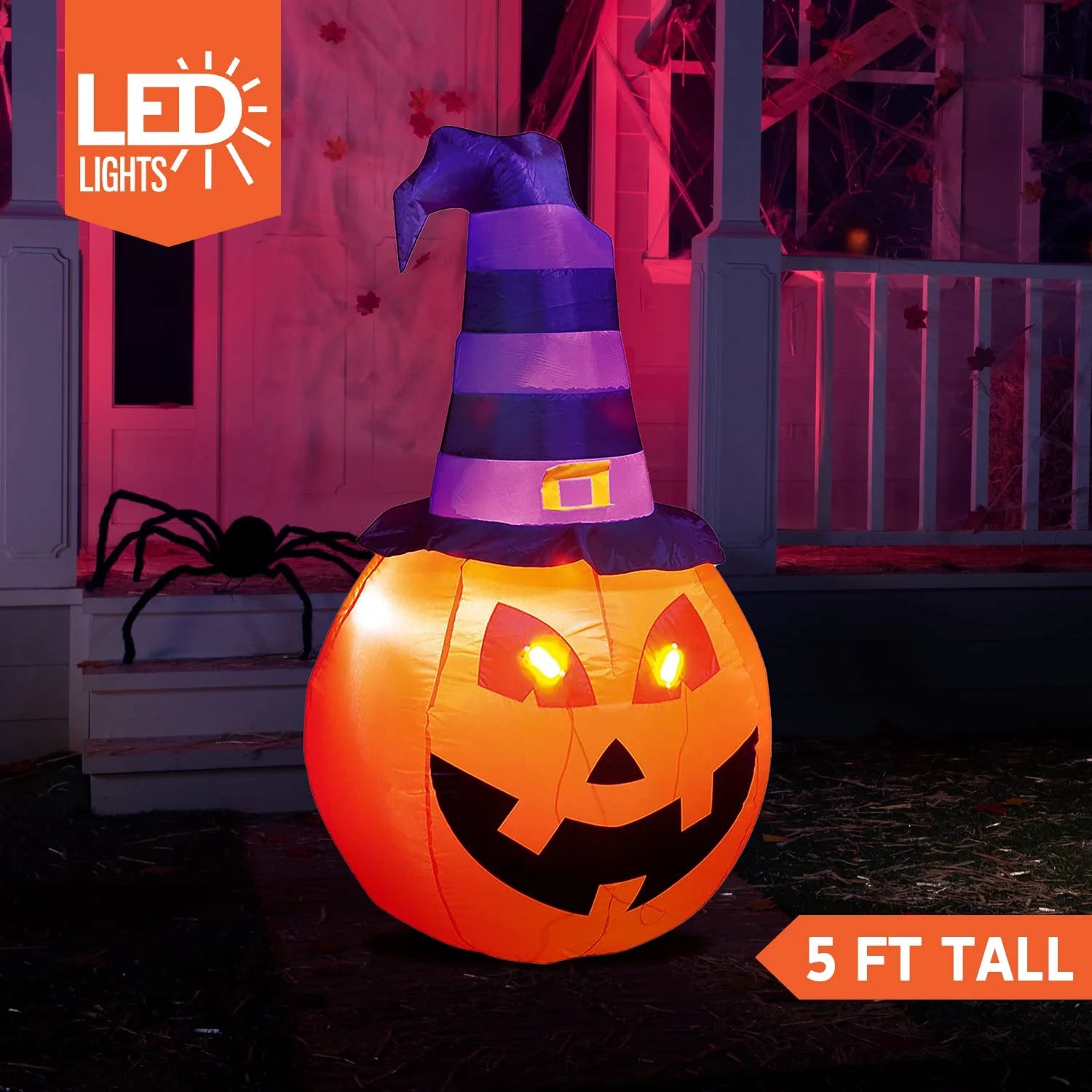 "5ft Light-Up Halloween Inflatable Pumpkin with Witch Hat - Outdoor Fall Decorations"