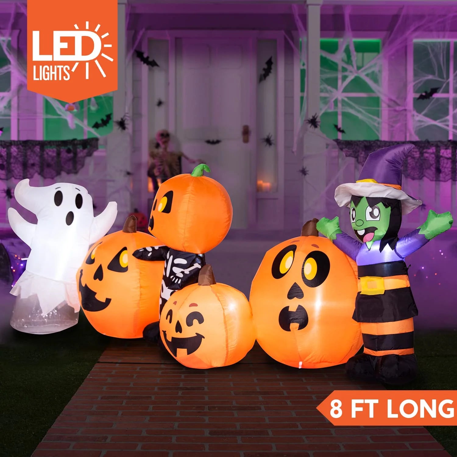 "8ft LED-Lit Inflatable Pumpkin Patch Halloween Decoration for Outdoor Yard"