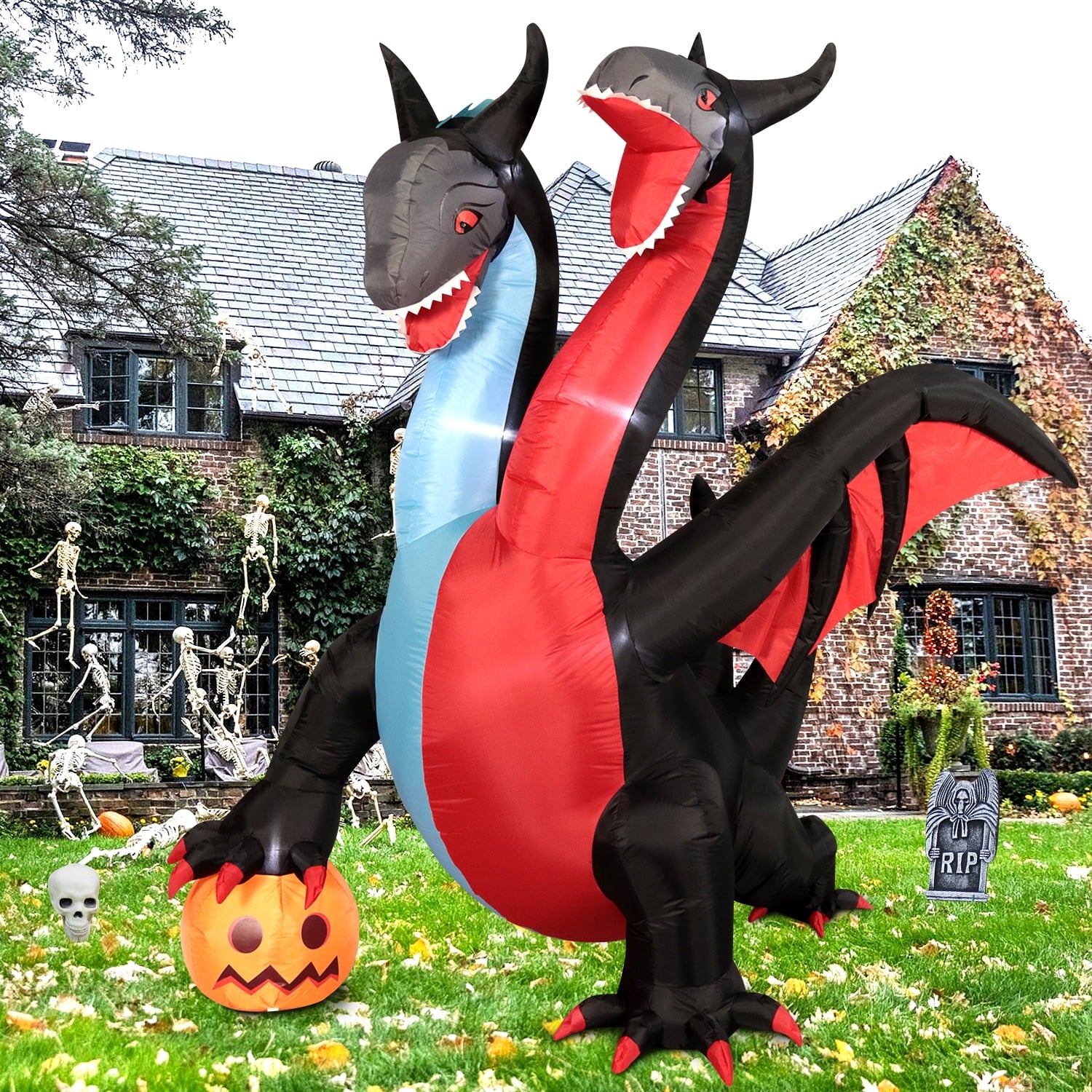 Halloween Inflatable Two-Heads Dragon Decorations, Blow up Outdoor Decor Build-In LED Lights