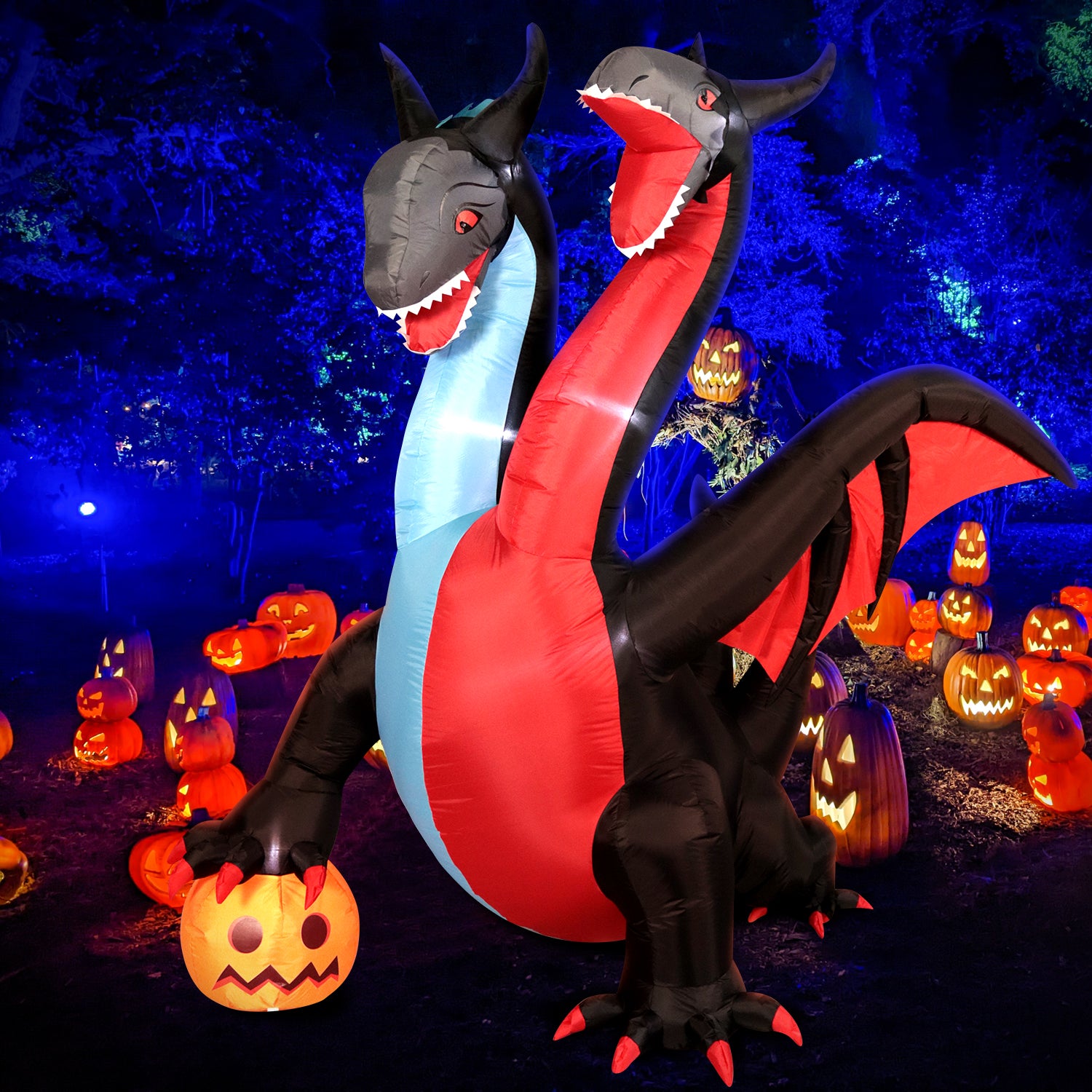 Halloween Inflatable Two-Heads Dragon Decorations, Blow up Outdoor Decor Build-In LED Lights