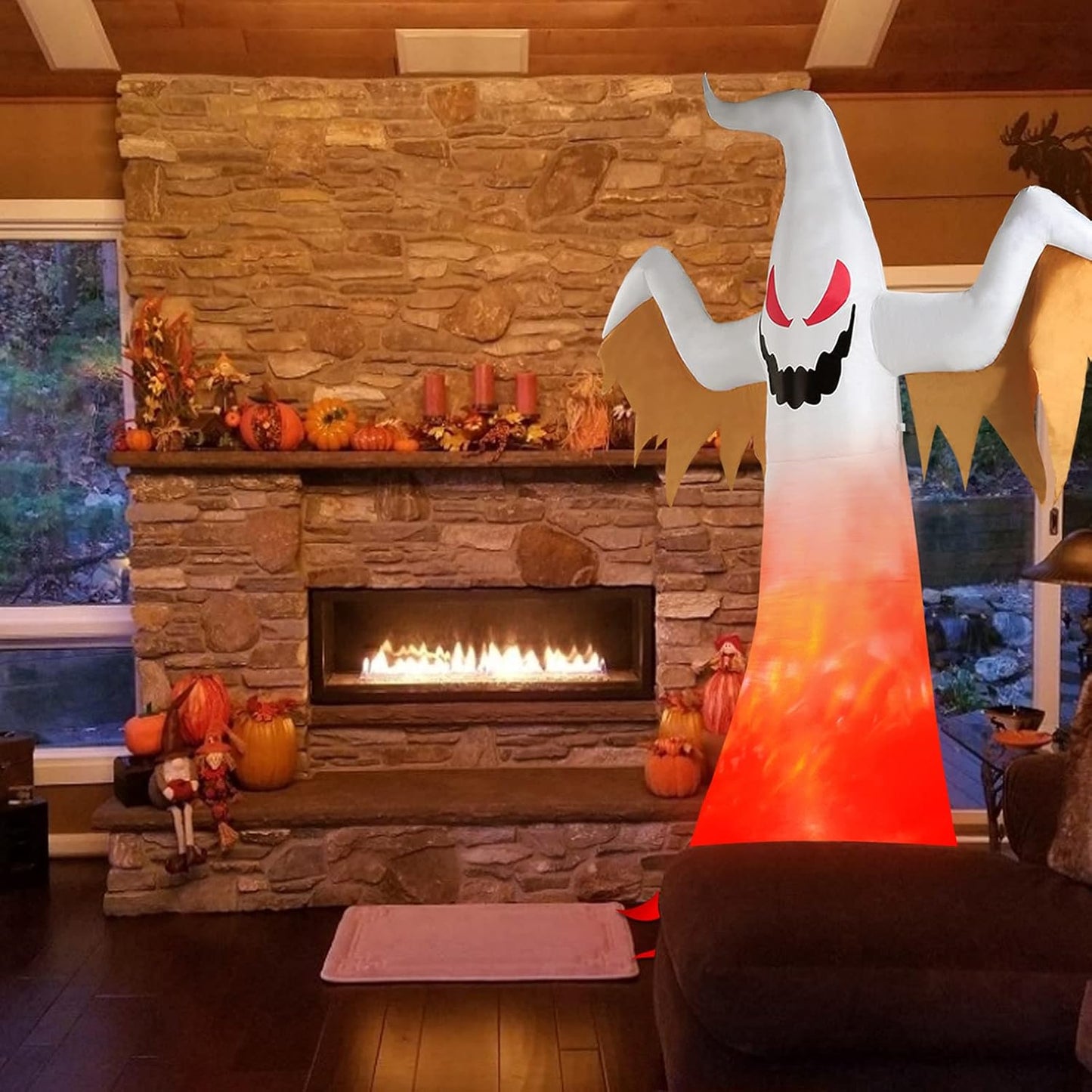 "Spooky 8Ft Inflatable Ghost with Blow Up Flame Effect - Perfect for Indoor and Outdoor Halloween Decor!"