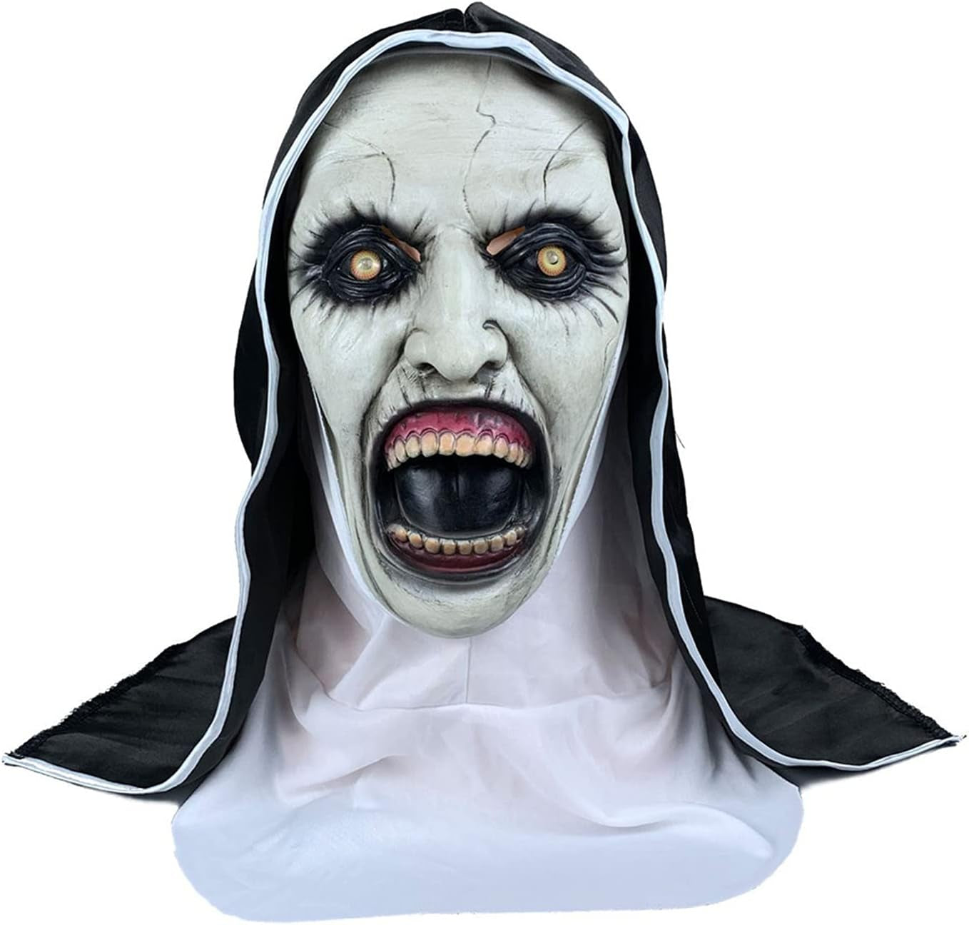 "Terrifying Nun Mask for Haunting Halloween – Creepy Latex Costume with Headscarf for Scary Movie Role Play and Party Props!"