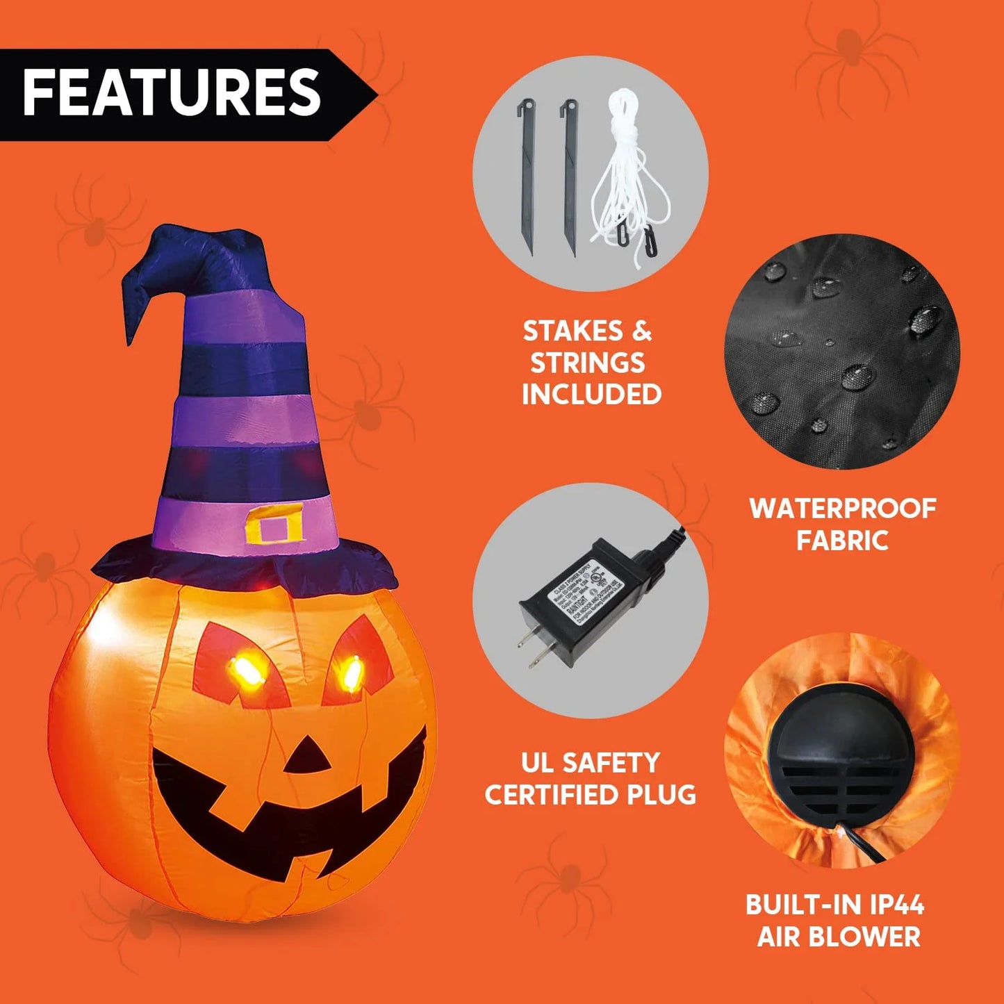 "5ft Light-Up Halloween Inflatable Pumpkin with Witch Hat - Outdoor Fall Decorations"