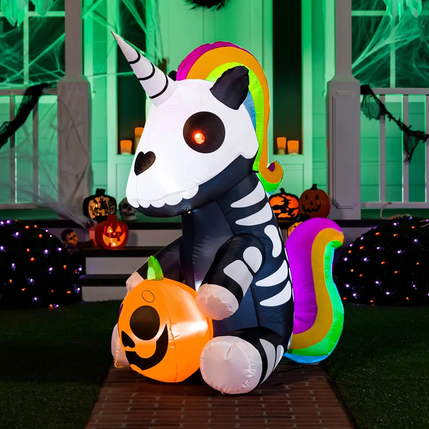 "5 FT Tall Halloween Inflatable Skeleton Unicorn with LED Lights for Spooky Yard Decor"