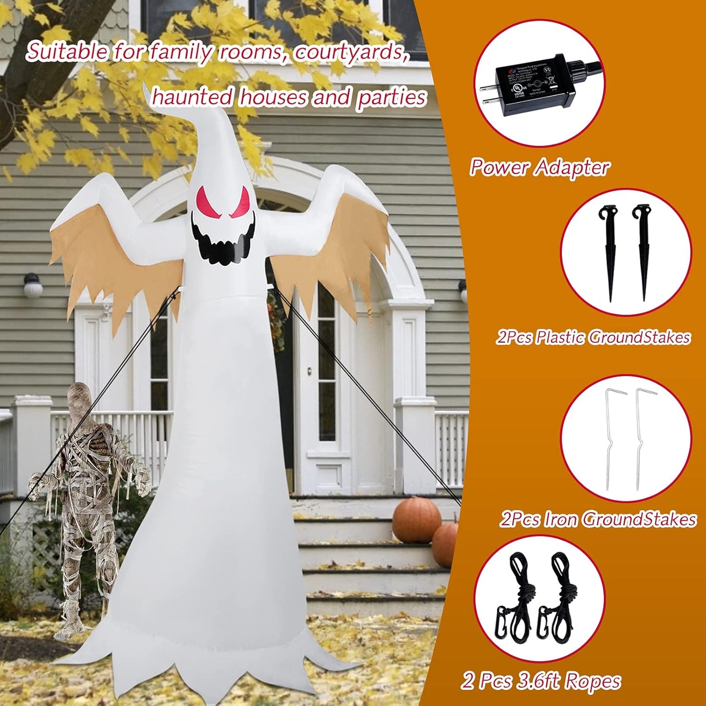 "Spooky 8Ft Inflatable Ghost with Blow Up Flame Effect - Perfect for Indoor and Outdoor Halloween Decor!"