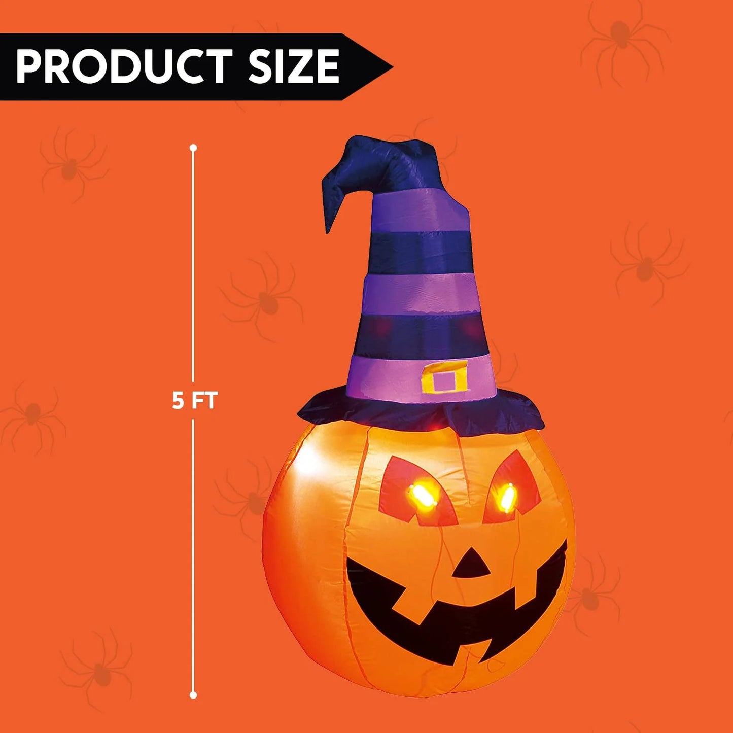 "5ft Light-Up Halloween Inflatable Pumpkin with Witch Hat - Outdoor Fall Decorations"