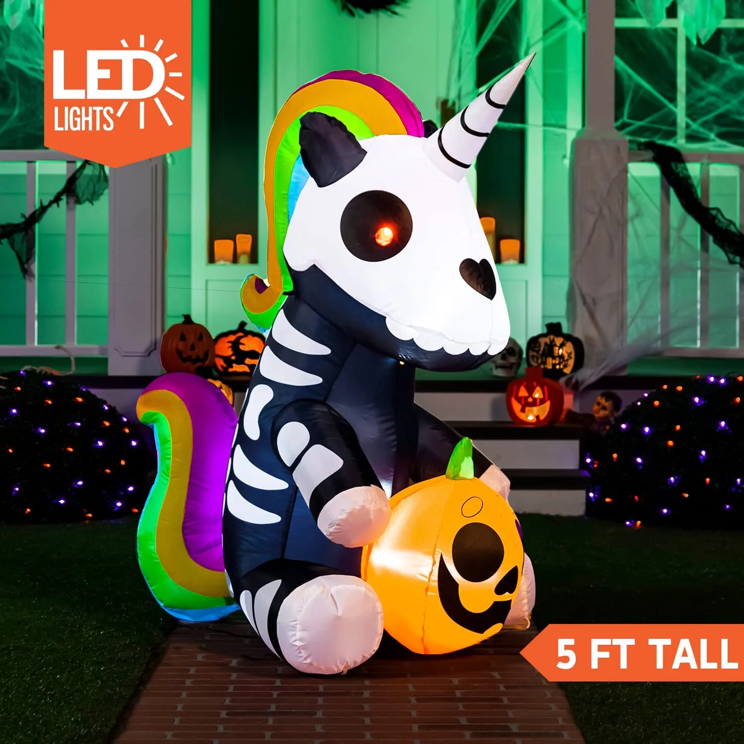 "5 FT Tall Halloween Inflatable Skeleton Unicorn with LED Lights for Spooky Yard Decor"