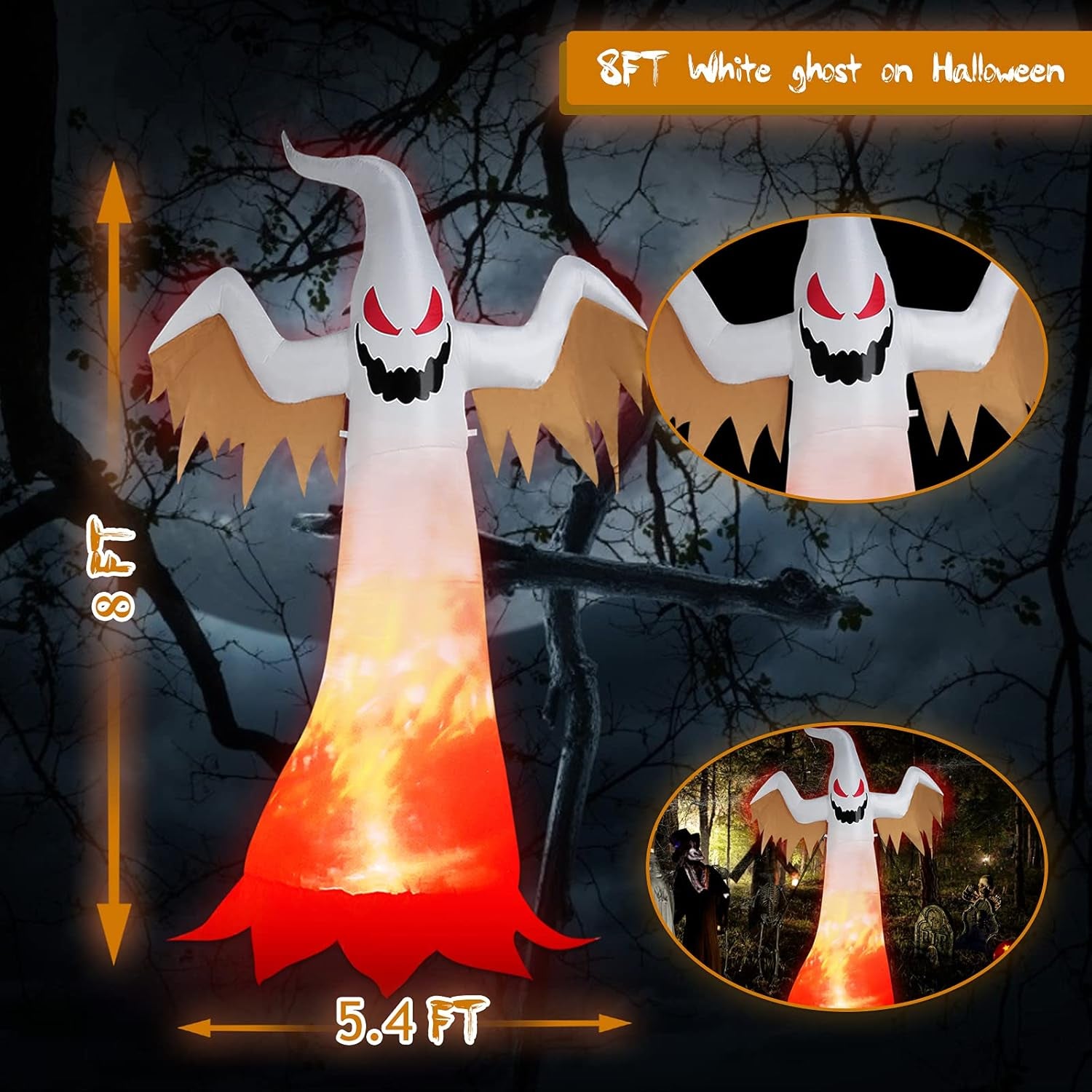 "Spooky 8Ft Inflatable Ghost with Blow Up Flame Effect - Perfect for Indoor and Outdoor Halloween Decor!"