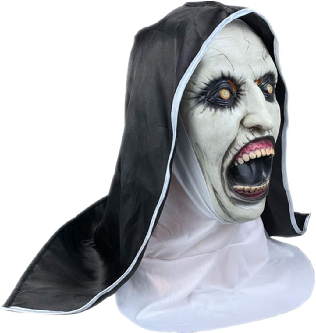 "Terrifying Nun Mask for Haunting Halloween – Creepy Latex Costume with Headscarf for Scary Movie Role Play and Party Props!"