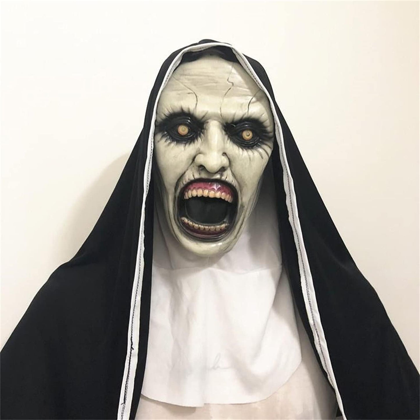 "Terrifying Nun Mask for Haunting Halloween – Creepy Latex Costume with Headscarf for Scary Movie Role Play and Party Props!"