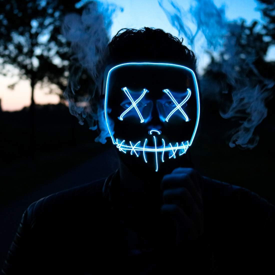 "Glow-in-the-Dark LED Halloween Mask - Spooktacular Blue Light-Up Face Mask for Men, Women, and Kids!"