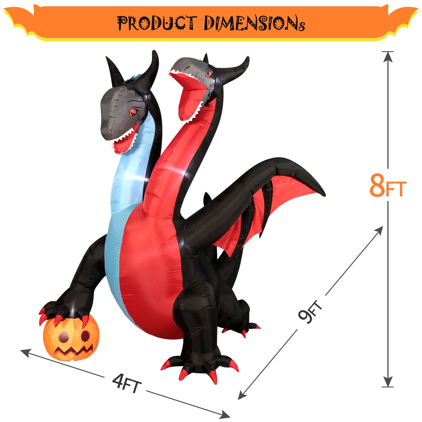 Halloween Inflatable Two-Heads Dragon Decorations, Blow up Outdoor Decor Build-In LED Lights