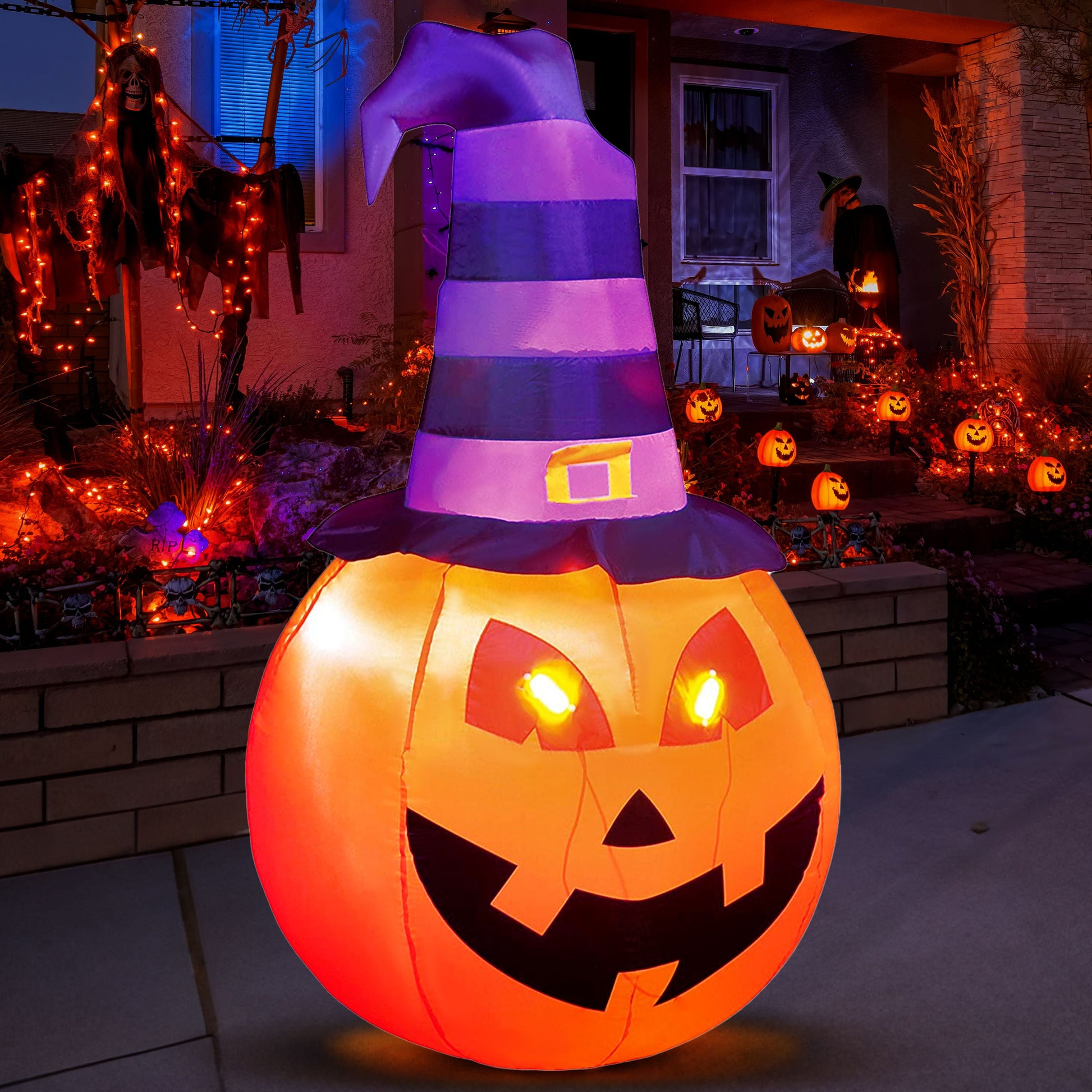 "5ft Light-Up Halloween Inflatable Pumpkin with Witch Hat - Outdoor Fall Decorations"