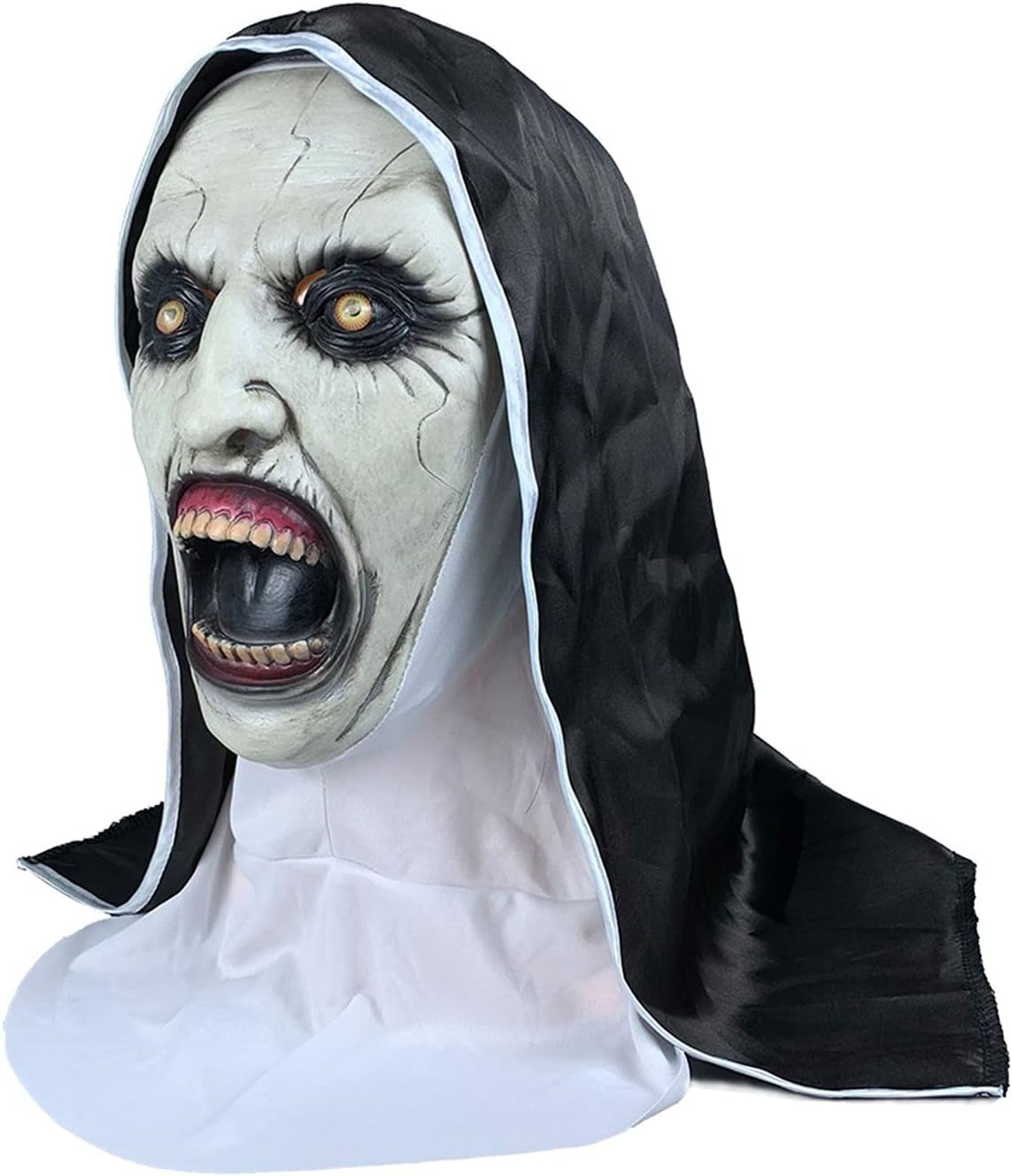 "Terrifying Nun Mask for Haunting Halloween – Creepy Latex Costume with Headscarf for Scary Movie Role Play and Party Props!"