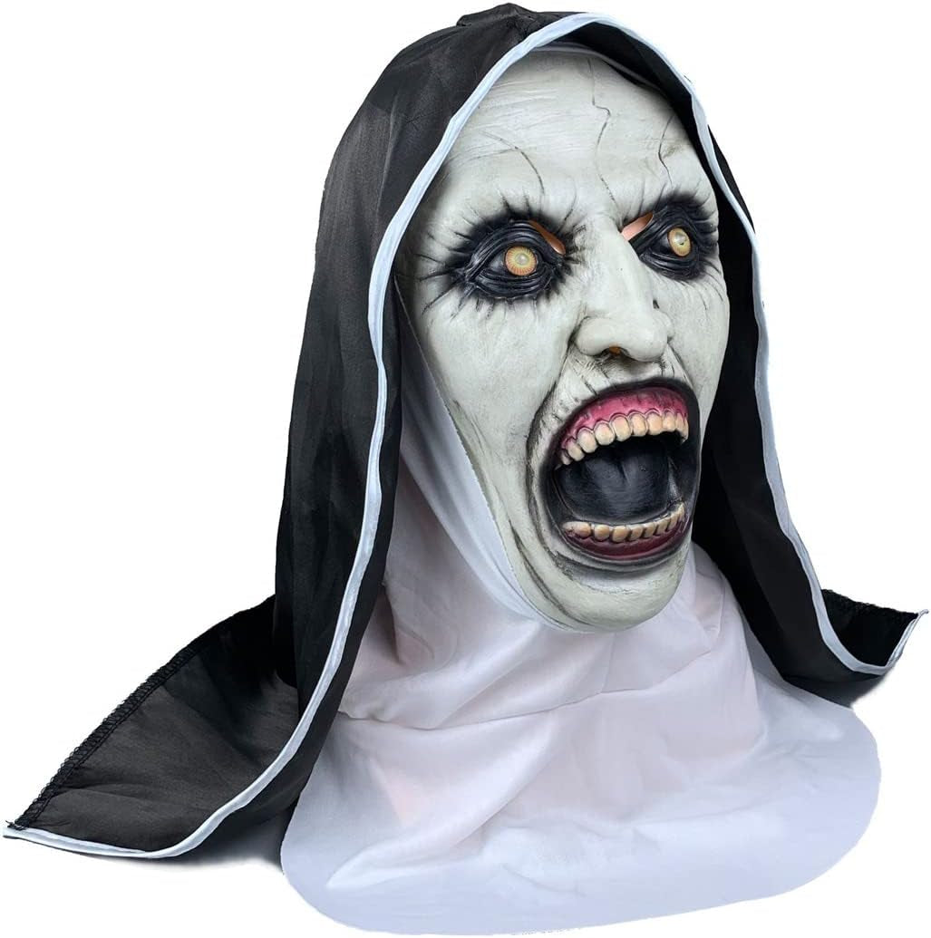 "Terrifying Nun Mask for Haunting Halloween – Creepy Latex Costume with Headscarf for Scary Movie Role Play and Party Props!"